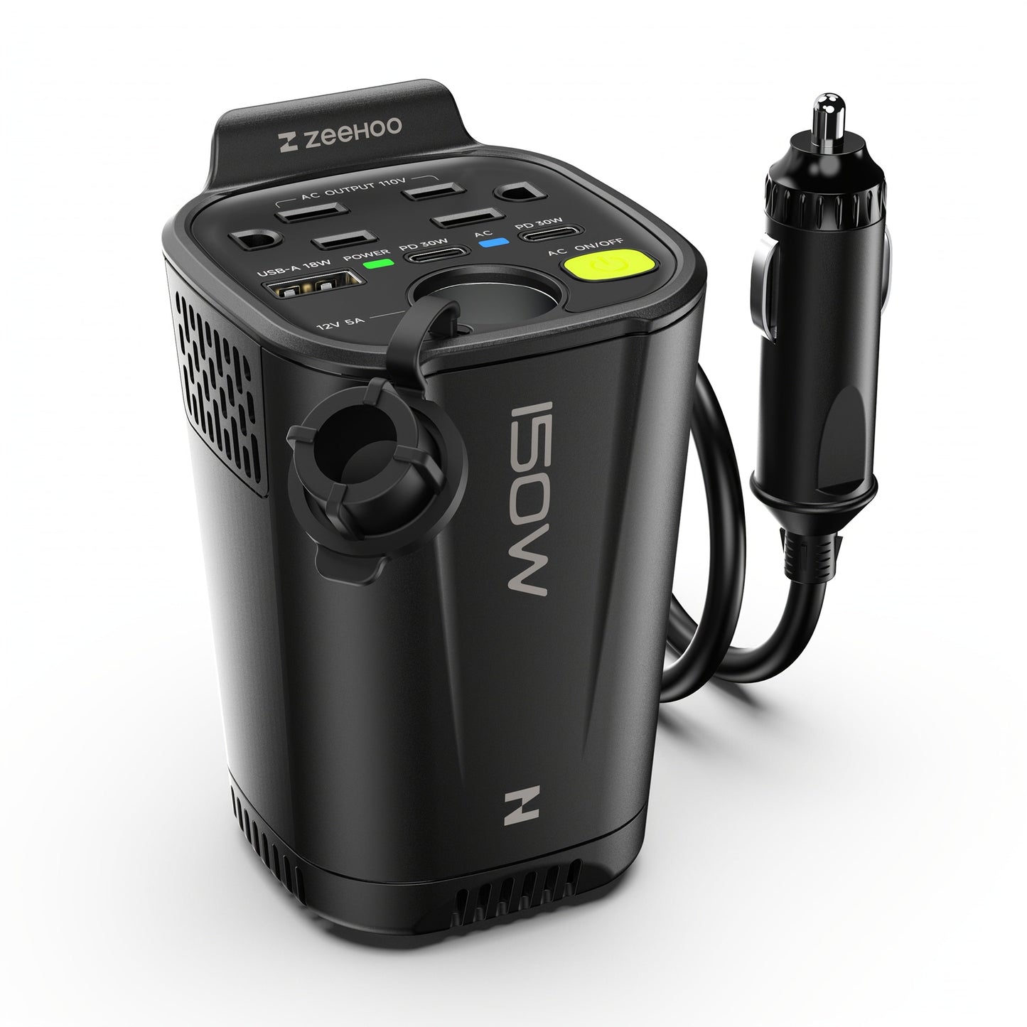Black 150W Vertical Car Power Inverter with Two 110V AC Outlets, USB-A and USB-C Ports for Vehicles