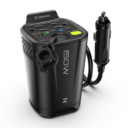 Black 150W Vertical Car Power Inverter with Two 110V AC Outlets, USB-A and USB-C Ports for Vehicles