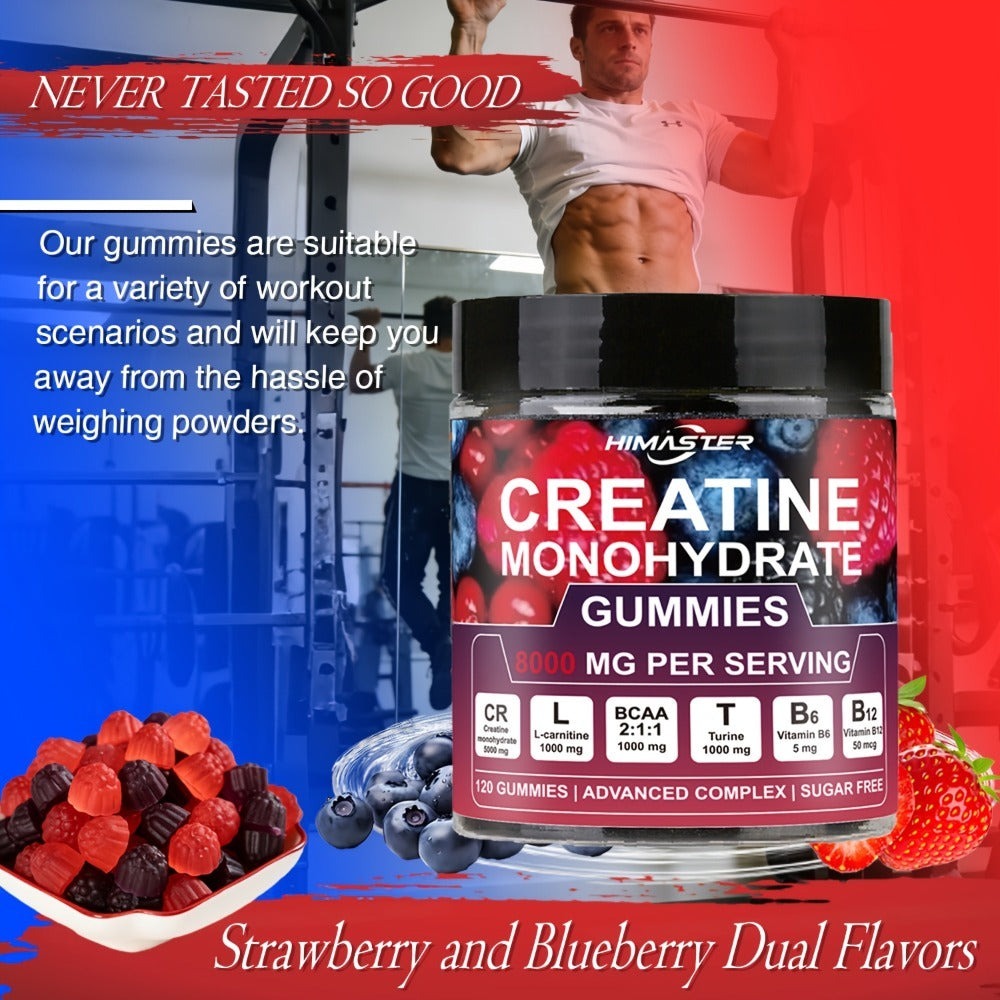 Creatine Monohydrate Gummies 8000mg Blueberry Flavor, with L-Taurine, BCAA, Vitamin B6 & B12