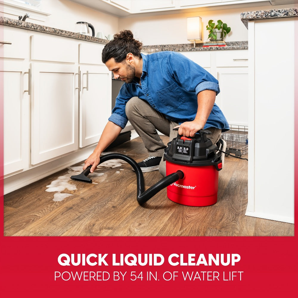 Wet Dry Vacuum Cleaner 2.5 Gallon Shop Vac, Vacmaster 2 Peak HP with Blower Function, Wall Mount & On-Board Storage for Garage