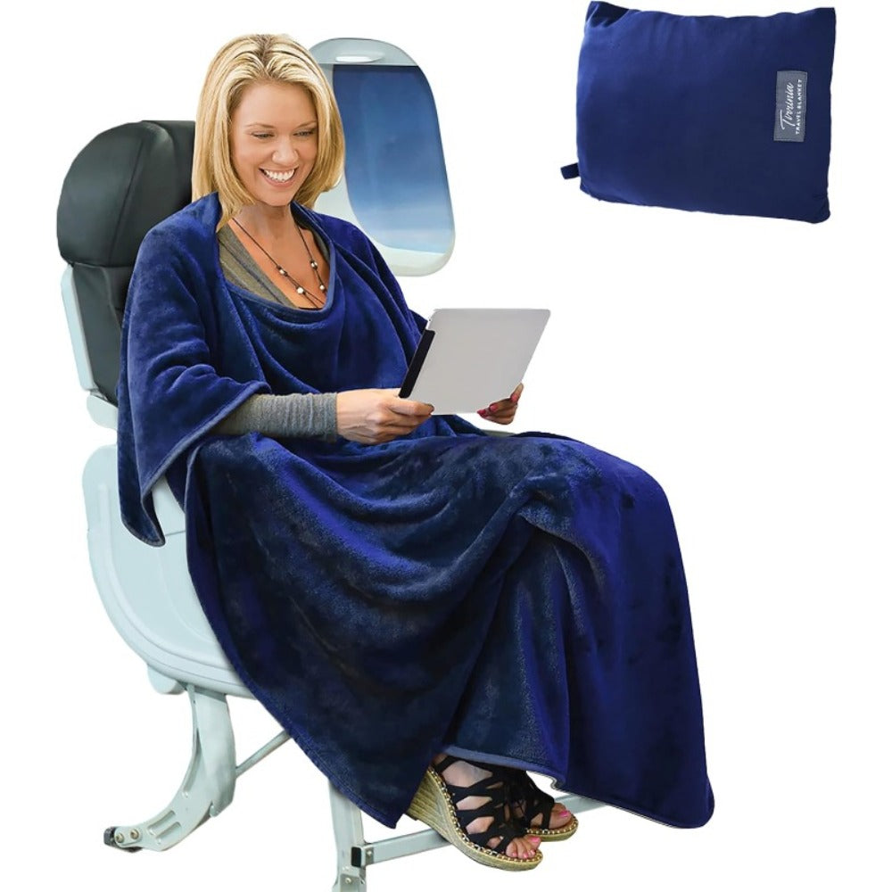 4-in-1 Travel Blanket Airplane – Soft Fleece Poncho Pillow Lumbar Support with Built-in Zipper Bag, Lightweight Packable 40x60in Blanket