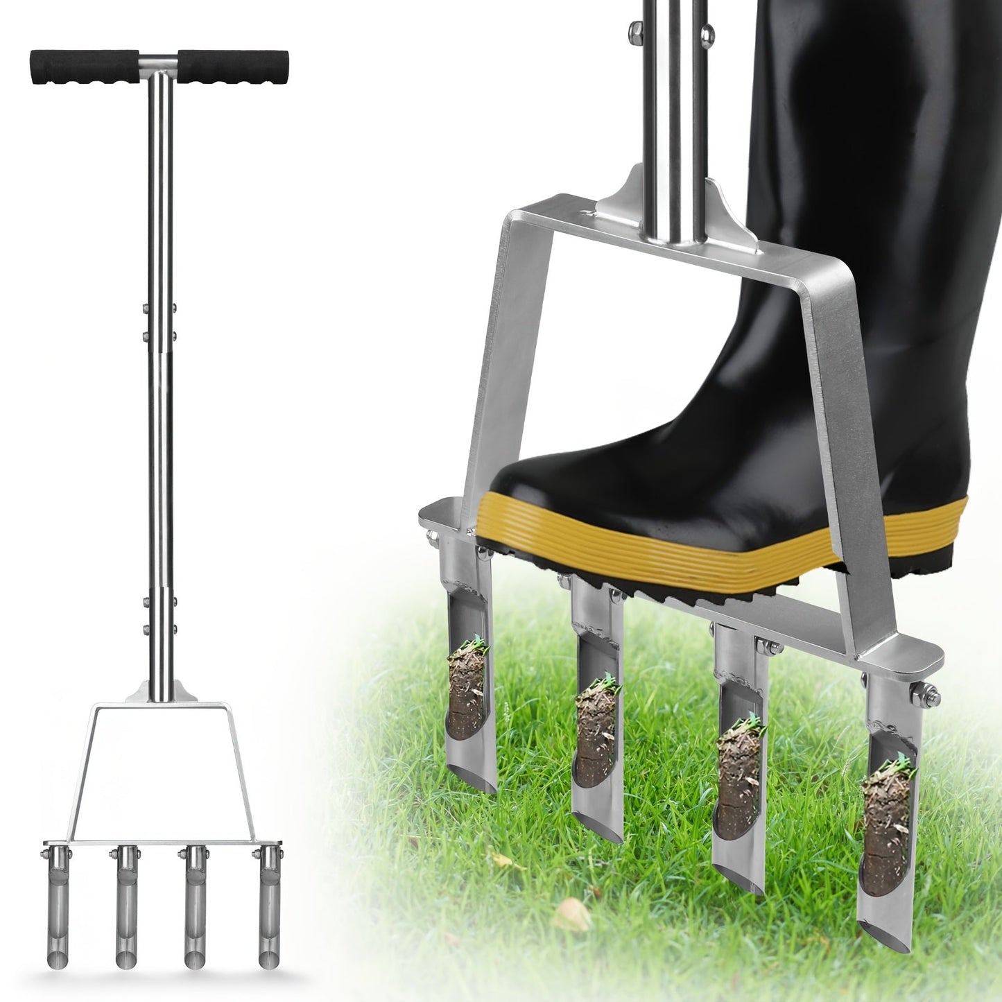 Four-Tine Manual Lawn Core Aerator in Black with T-Handle, Foot Bar and Hollow Plugging Tubes