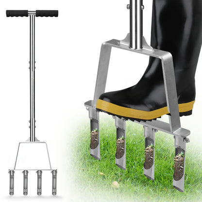 Four-Tine Manual Lawn Core Aerator in Black with T-Handle, Foot Bar and Hollow Plugging Tubes