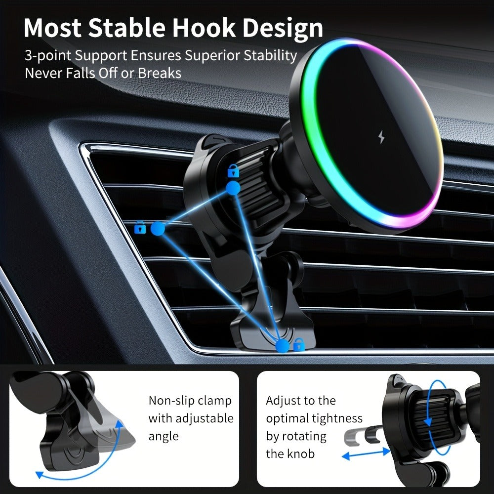 Wireless Car Charger with USB-C Adapter Included 15W Magnetic Vent Dashboard Phone Mount for iPhone 17 16 15 14 13 12 Pro Max
