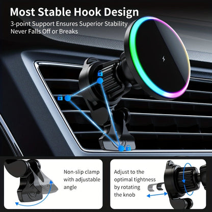 Wireless Car Charger with USB-C Adapter Included 15W Magnetic Vent Dashboard Phone Mount for iPhone 17 16 15 14 13 12 Pro Max