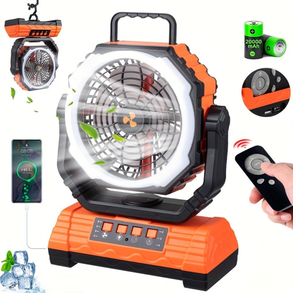 Portable Camping Fan with Dual Motors LED Light & Remote Control, Solar Powered Outdoor Fan with Hook for Tent Work Site Power Outage