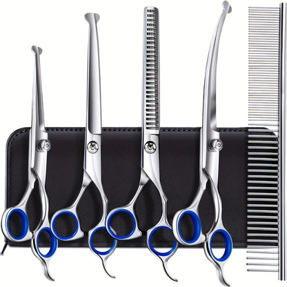 Dog Grooming Scissors Set 6-in-1 Titanium Coated Stainless Steel Pet Shears Safety Round Tip for Dogs Cats Universal Hand Orientation