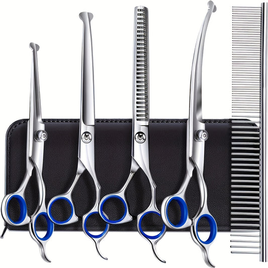 Dog Grooming Scissors Set 6-in-1 Titanium Coated Stainless Steel Pet Shears Safety Round Tip for Dogs Cats Universal Hand Orientation