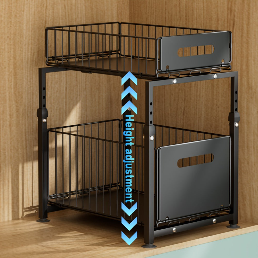 Under Sink Organizer 2-Tier Pull Out – Adjustable Height Carbon Steel Cabinet Storage Shelf for Kitchen and Bathroom