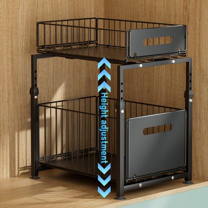 Under Sink Organizer 2-Tier Pull Out – Adjustable Height Carbon Steel Cabinet Storage Shelf for Kitchen and Bathroom