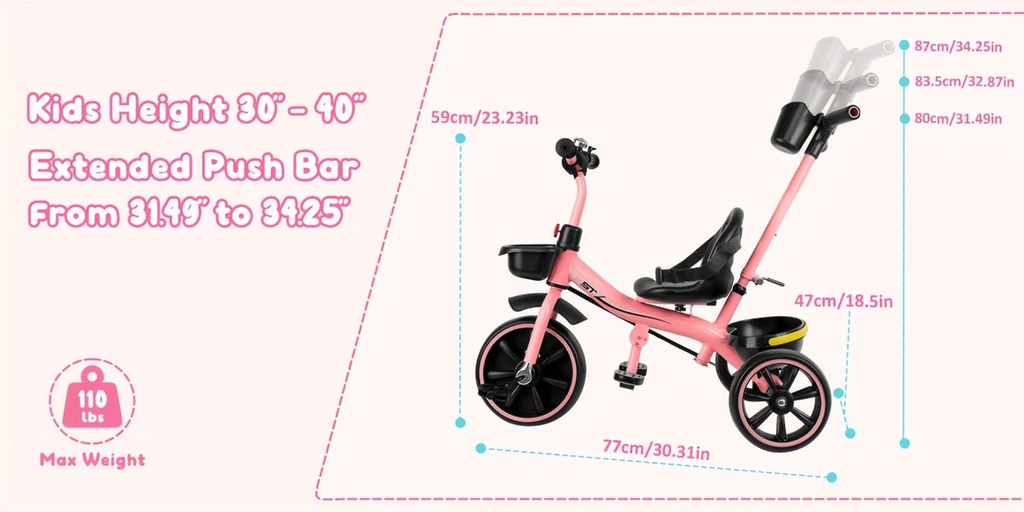 Push Handle Tricycle for Toddlers Girls Pink, 3 Wheel Trike Ages 18-60 Months with Padded Backrest