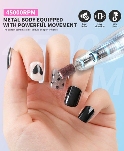 Electric Nail Drill 45000 RPM USB Rechargeable Kit with LCD, Forward Reverse and Three Finishes