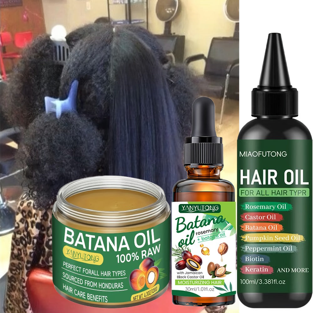 Biotin Hair Oil 3-Piece Set with Cold-Pressed Bataina Oil Essential Oil & Conditioner, Strengthens Breakage Split Ends Enhances Shine