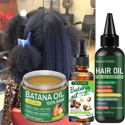 Biotin Hair Oil 3-Piece Set with Cold-Pressed Bataina Oil Essential Oil & Conditioner, Strengthens Breakage Split Ends Enhances Shine