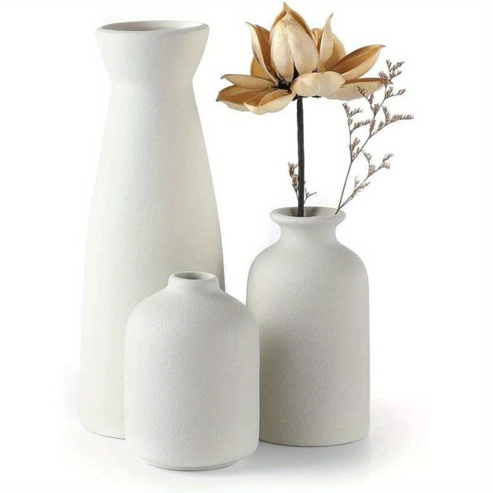 Boho Ceramic Vase Set 3pcs - Matte Nordic Minimalist Geometric Floral Design for Home Decor, Living Room