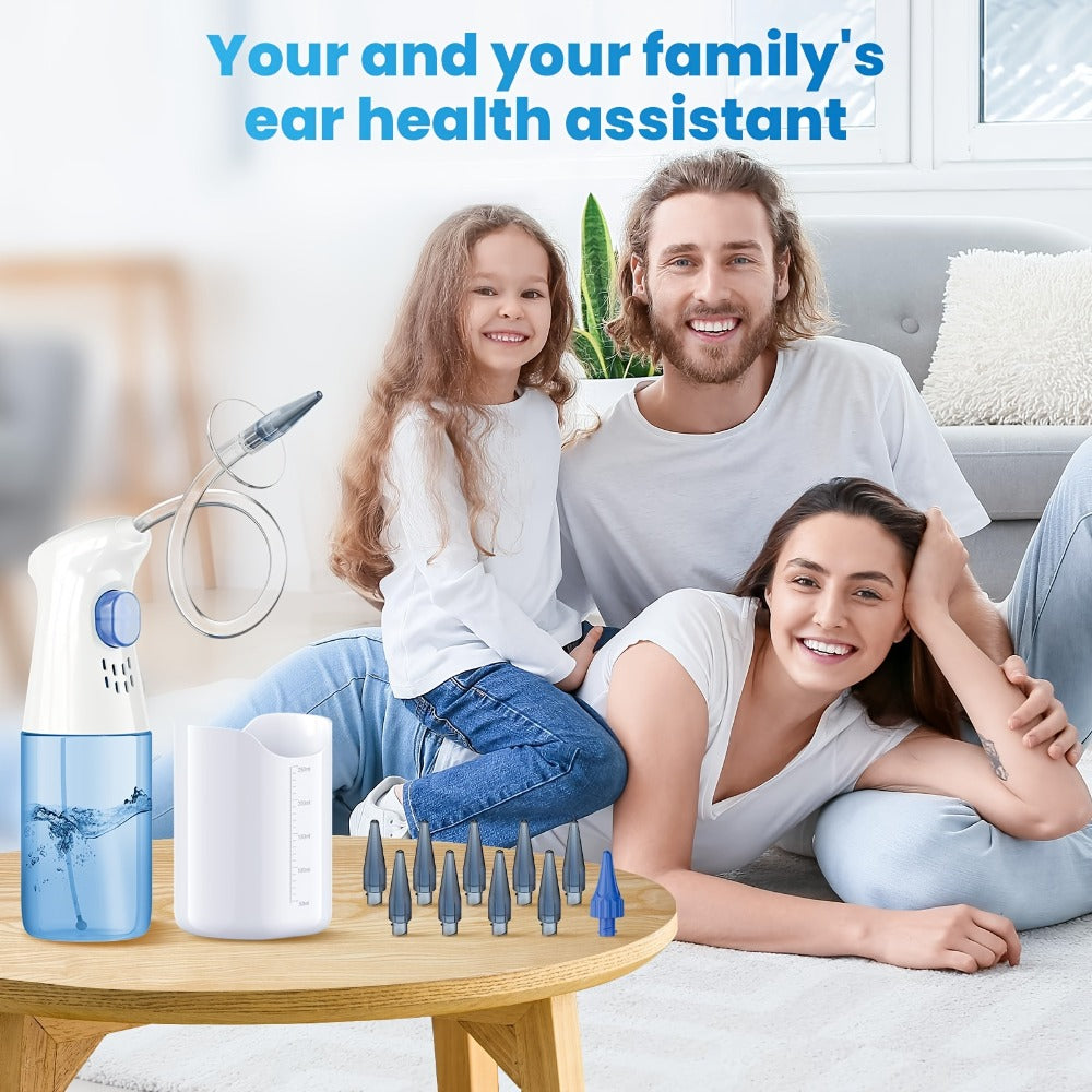 Blue Manual Ear Irrigation Kit with Squeeze Bottle, Separate Catch Cup and Multiple Pictured Tip Shapes