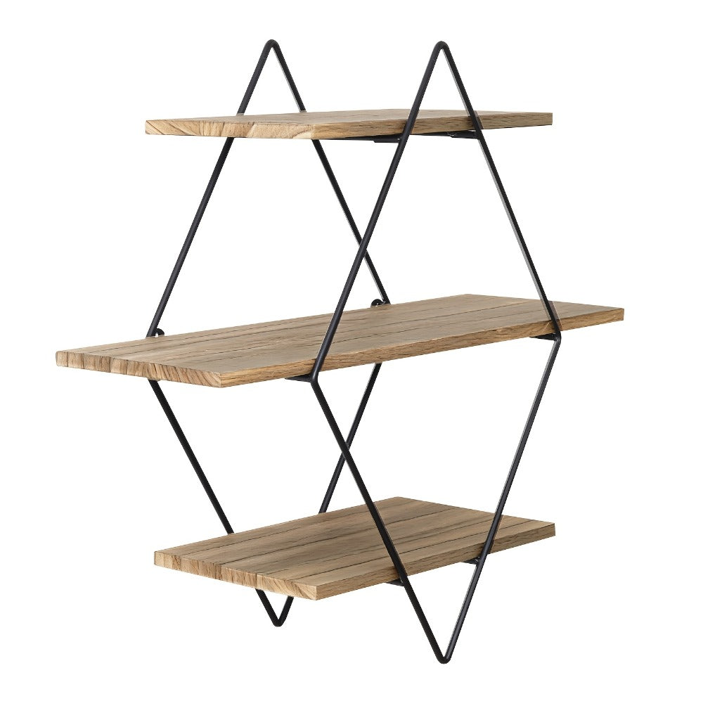 Three-Tier Diamond Wall Shelf with Dark Brown Boards, Black Wire Frame and 50 cm Pictured Height