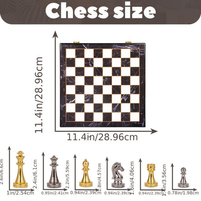 Luxury Metal Chess Set with Marble Board – Zinc Alloy Gunmetal & Gold Pieces Extra Queens 11.5" Elegant Chessboard Gift for Adults Beginners