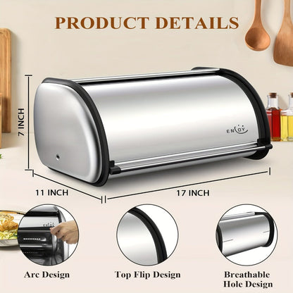 Stainless Steel Roll Top Bread Box 13 Inch - Countertop Bread Storage Container with Lid, Keeps Bread Fresh & Insect-Free