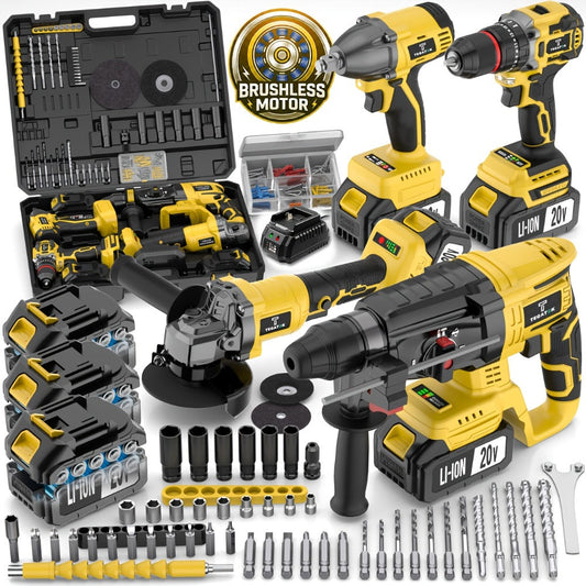 20V Brushless Power Tool Combo Kit, 4-Tool Cordless Set with Impact Wrench, Hammer Drill, Angle Grinder & Electric Drill