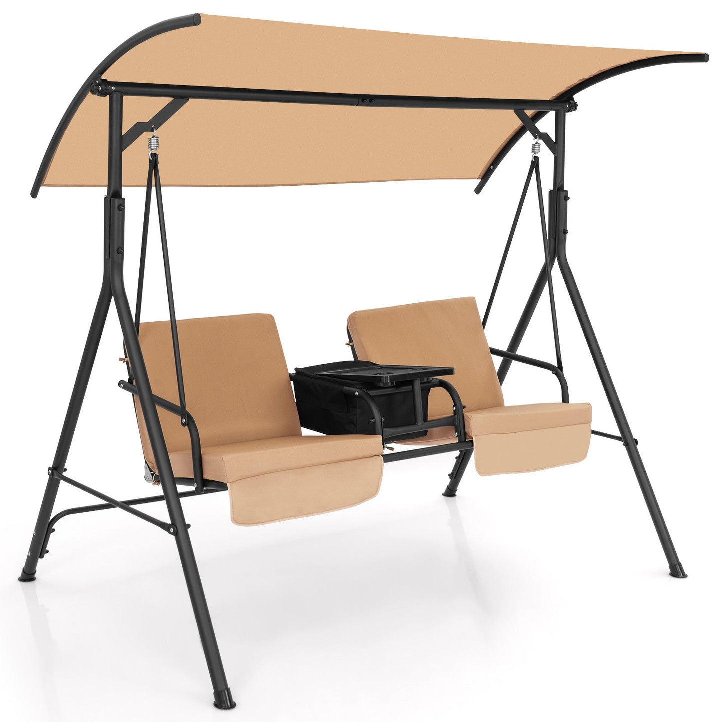 Patio Canopy Swing 2-Person with Cooler Bag Rotatable Tray Cushions 529lbs Backyard