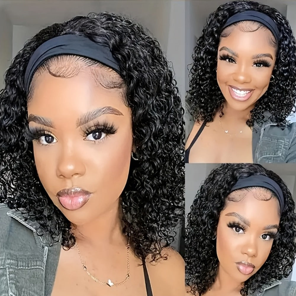 Headband Wig Human Hair Short Curly Pixie 14 Inch No Glue No Lace Glueless Wear and Go Natural, for Home, Travel and Salon Hair Styling