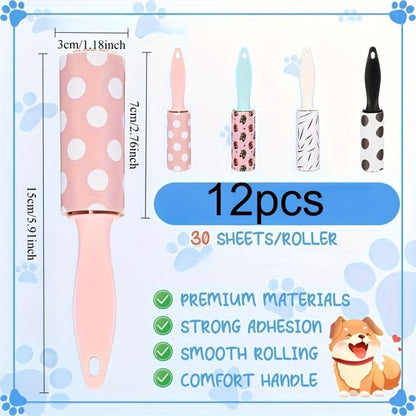 Lint Roller Pet Hair Remover Mini Portable 12 Pack Travel Size No Power Required for Clothing Furniture Car Seats Couch Reusable Clothes