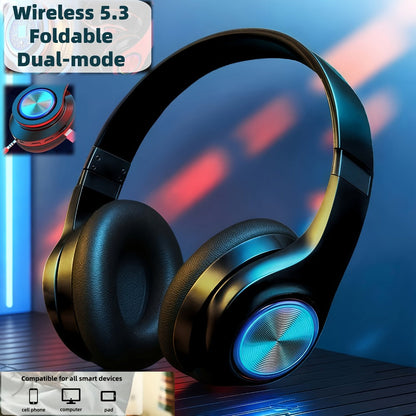 LED Light Over-Ear Wireless Headphones Deep Bass Subwoofer, Active Noise Cancelling Foldable Headset Bluetooth 5.3