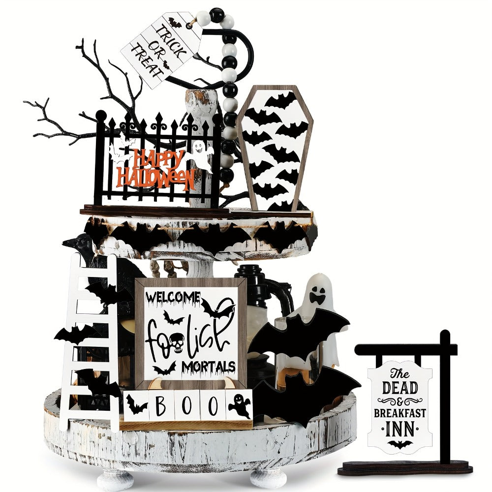Halloween Tiered Tray Decor Set 14pcs – Bat Wooden Signs Farmhouse Black White Rustic Table Decorations for Kitchen Home Party Supplies