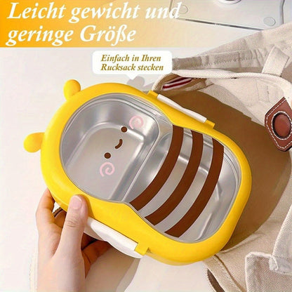 Cute Bee Lunch Box Stainless Steel, 304 Food Grade 2-Compartment Bento Box with Bee-Themed Lid for Kids