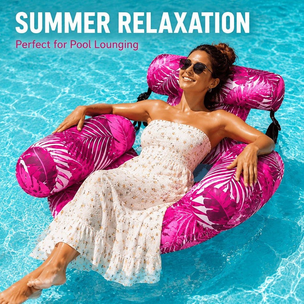 Pool Float Tropical Leaf Lounge Chair with Sling Seat, Inflatable Side Bolsters and Adjustable Headrest