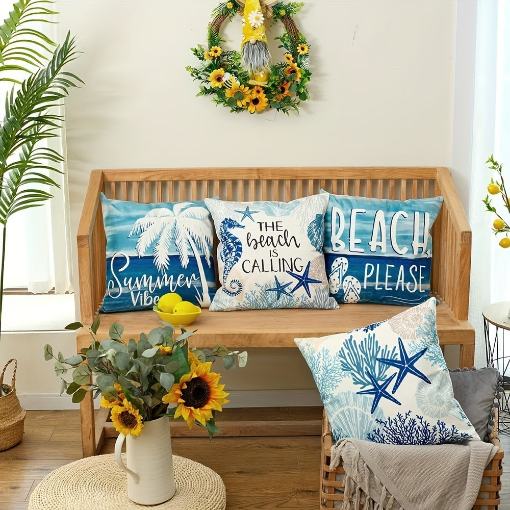 Four-Piece Coastal Pillow Cover Set, 18 x 18 Inches with Palm, Coral, Starfish and Beach Typography Designs