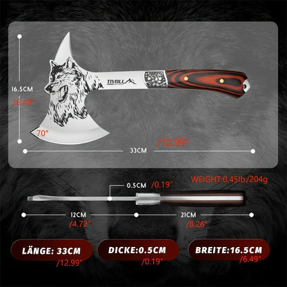 Viking Hatchet High Carbon Steel – Full Tang Camping Axe with Nylon Sheath & Gift Box | Animal Carved Handle for Wood Splitting