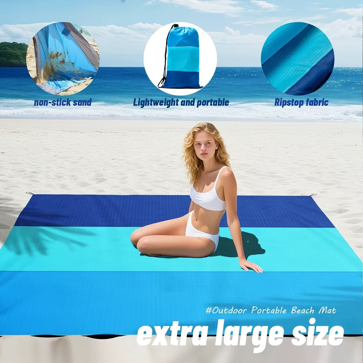 Blue Colorblock Beach Mat with Four Stakes and Carry Pouch, 55 x 78in Lightweight Foldable Size