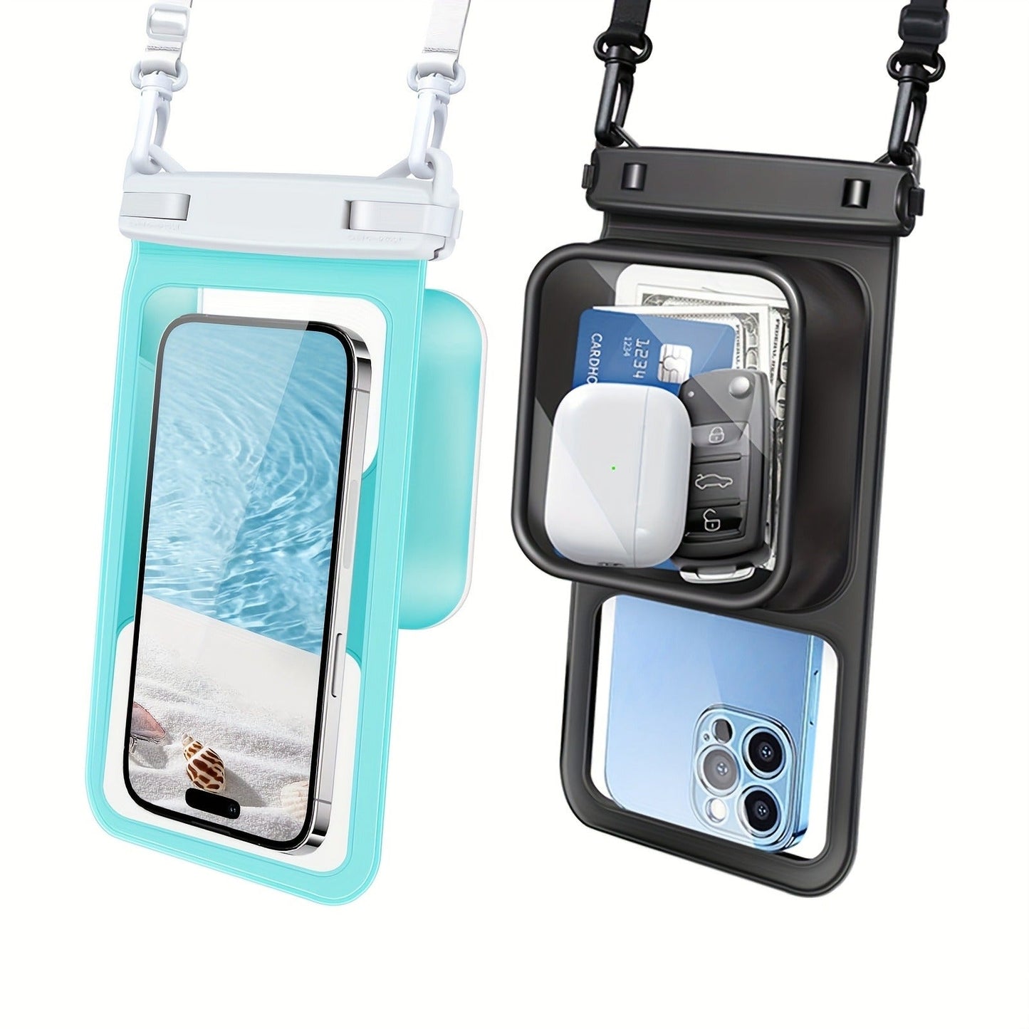Waterproof Phone Pouch 2-Pack Double Layer Black & Cyan – PVC Dry Bag for Swimming, Rafting & Water Sports, Fits Up to 7.5"