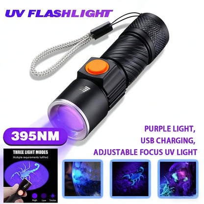 UV Flashlight Black Light 395nm USB Rechargeable - Ultraviolet Torch with 3 Modes for Pet Stain Detection