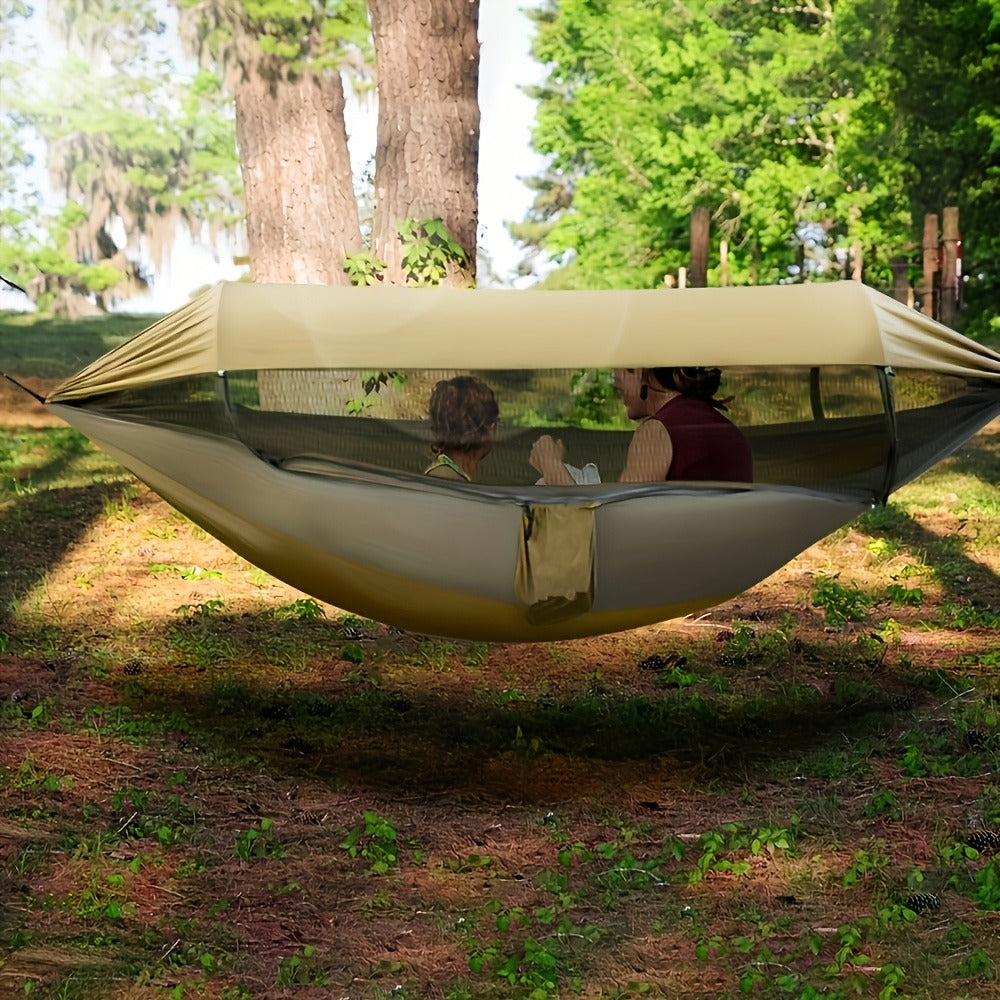 Camping Hammock with Mosquito Net and Sun-Shade Cover in Camouflage or Military Green, 265 lb Capacity