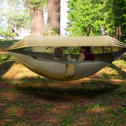 Camping Hammock with Mosquito Net and Sun-Shade Cover in Camouflage or Military Green, 265 lb Capacity