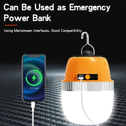 Orange Hanging Camping Lantern with Three Brightness Settings, Type-C Charging Port and Integrated Hook