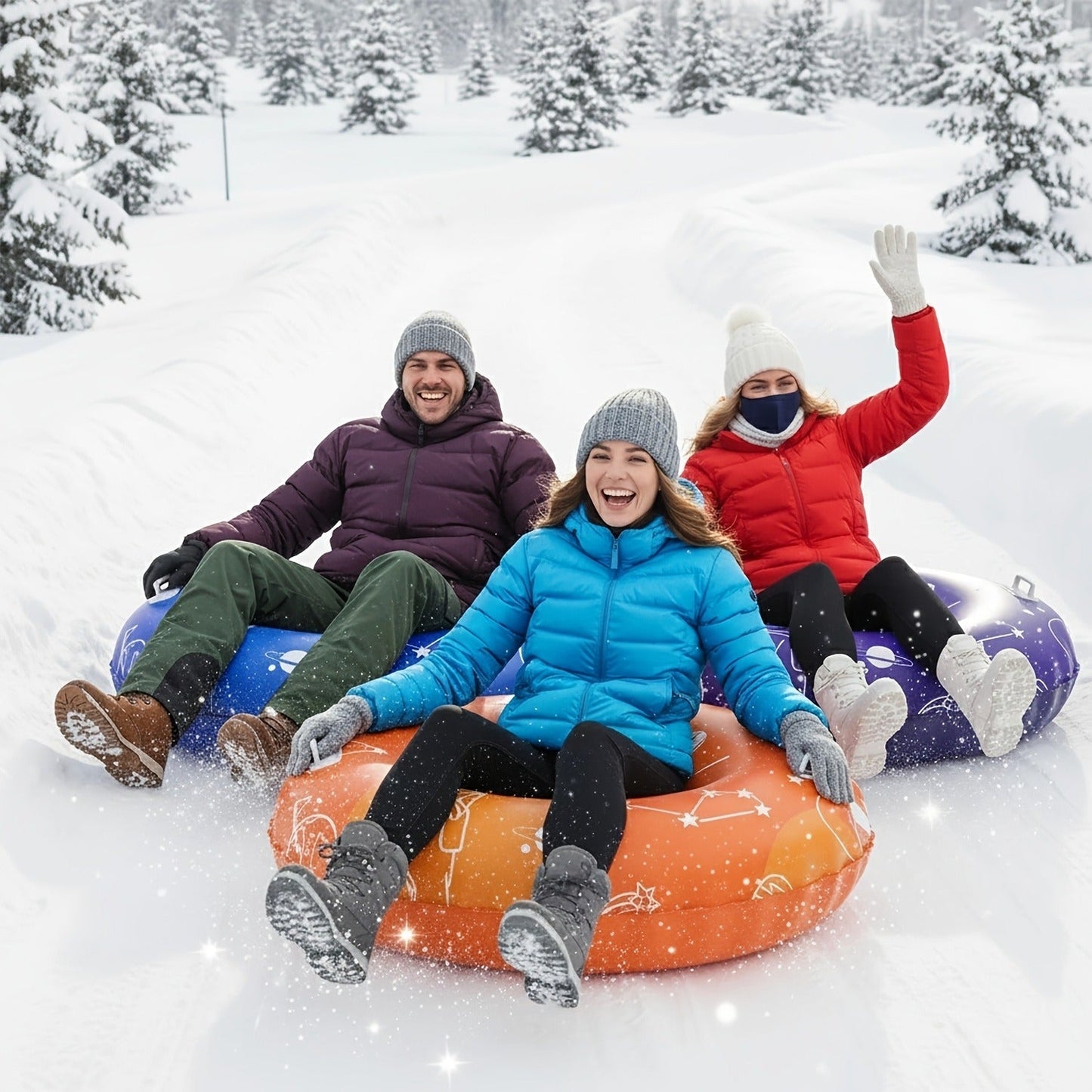 Inflatable Snow Tubes Set of 3 – Heavy-Duty PVC Sled Tubes 36 & 40 Inch with Anti-Slip Handles, Portable Winter Snow Sleds for Kids