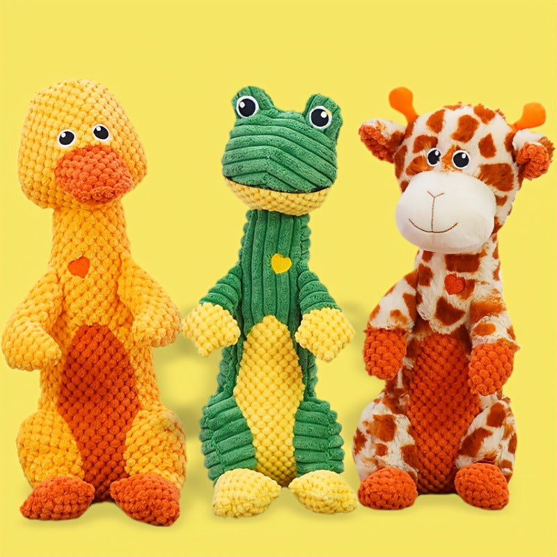 Dog Toy Squeaky Plush Deer or Frog Character for Chew, Tug, Fetch, Shake and Cuddle Play for All Breeds