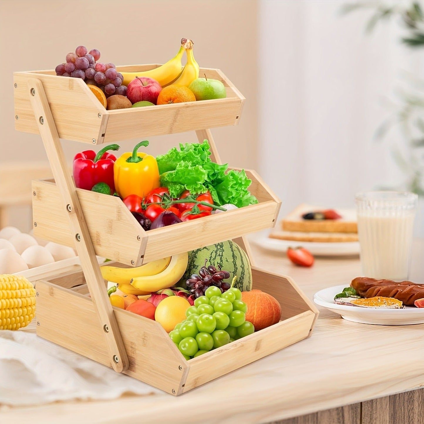 Fruit Basket Stand 2 & 3 Tier Wooden Countertop Organizer Large Capacity Kitchen Storage for Fruits Vegetables Bread Produce with Banana