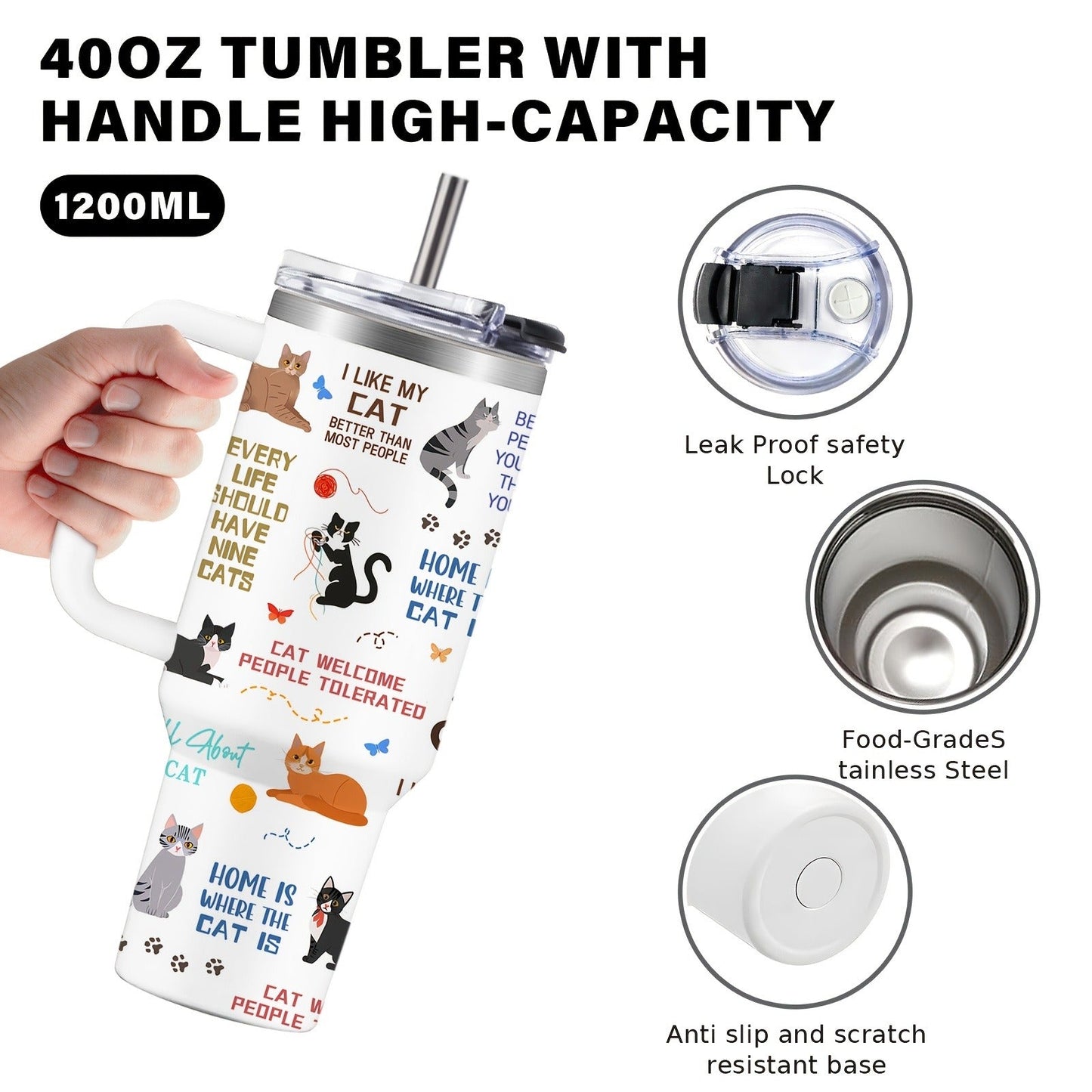 Cat Tumbler 40oz with Lid & Straw – 304 Stainless Steel Insulated Cat Lover Gift Cup for Women, Girls & Adults, Ideal for Outdoor Sports