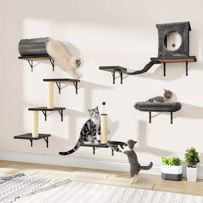 Cat Wall Shelf Climbing Set – 7-Piece Deluxe Wall Mounted Cat Furniture with Condo, Scratching Post, Bridge