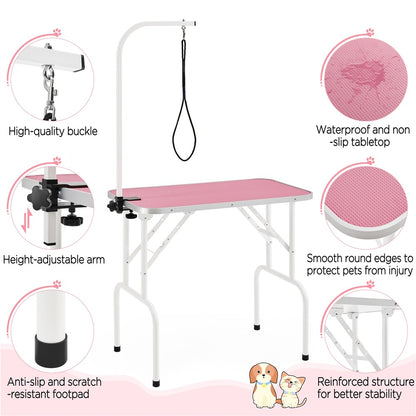 Pet Grooming Table Foldable with Height Adjustable Arm – Non-Slip Waterproof Surface, Folding Legs, Sturdy Metal Frame