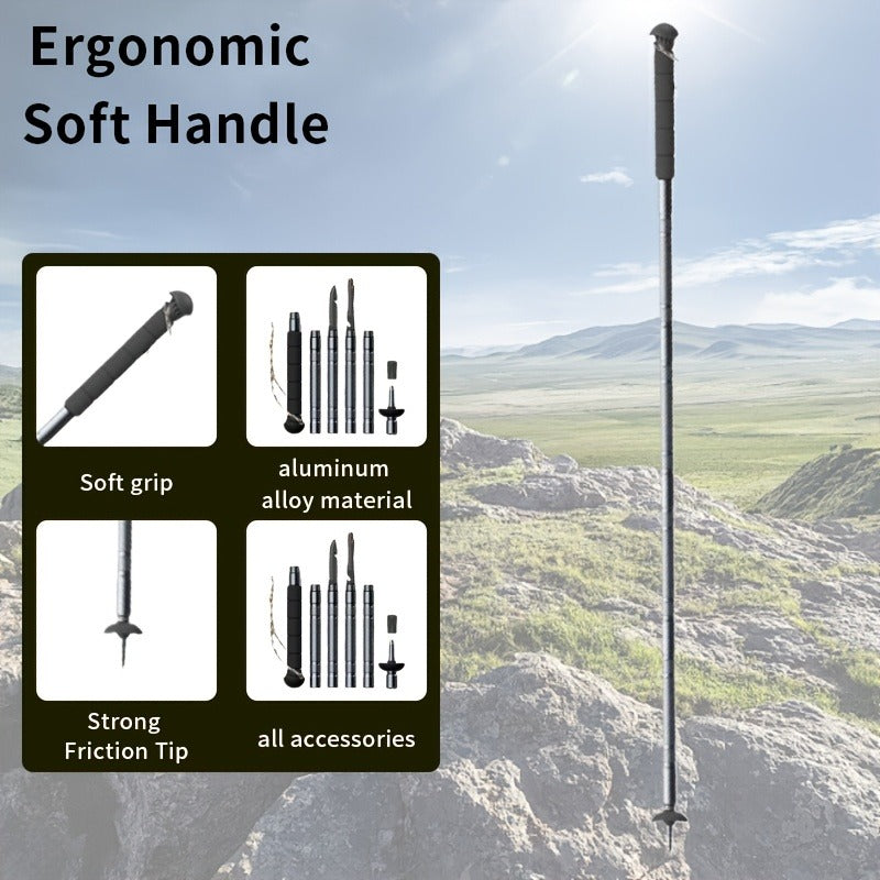 7-in-1 Tactical Hiking Staff – Adjustable Aluminum Alloy Mountaineering Stick with Compass, Fire Starter, Saw, Screwdriver & Pliers