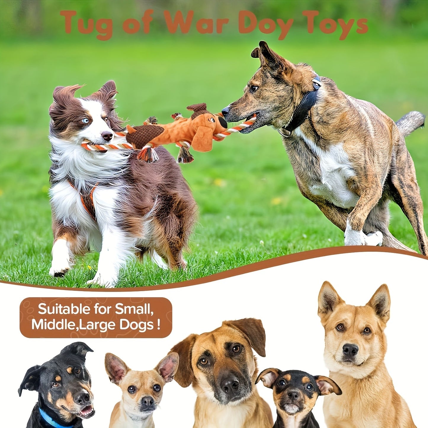 Dog Chew Toys, Squeaky Dog Toys for Aggressive Chewers – Interactive Tug of War Rope Toy, Crinkle Plush Chew Toys