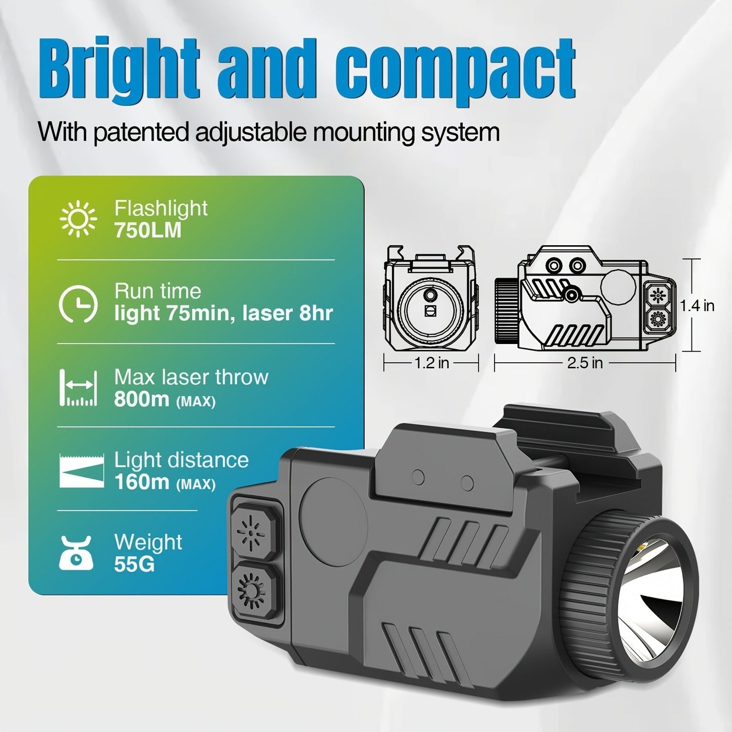 Handgun Light & Laser Combo – 750 Lumen Rechargeable Pistol Flashlight with Red/Green/Blue Laser Sight, Strobe Function