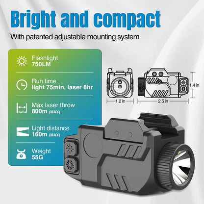 Handgun Light & Laser Combo – 750 Lumen Rechargeable Pistol Flashlight with Red/Green/Blue Laser Sight, Strobe Function