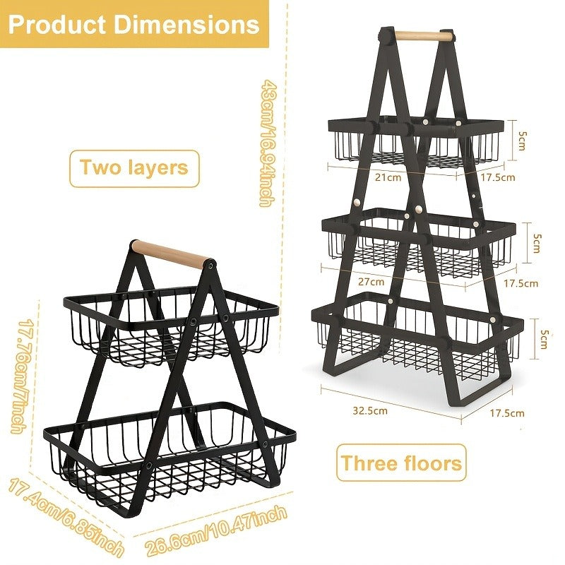 Fruit Basket Kitchen Organizer 2 or 3 Tier Metal Stand with Removable Wooden Handles for Countertop